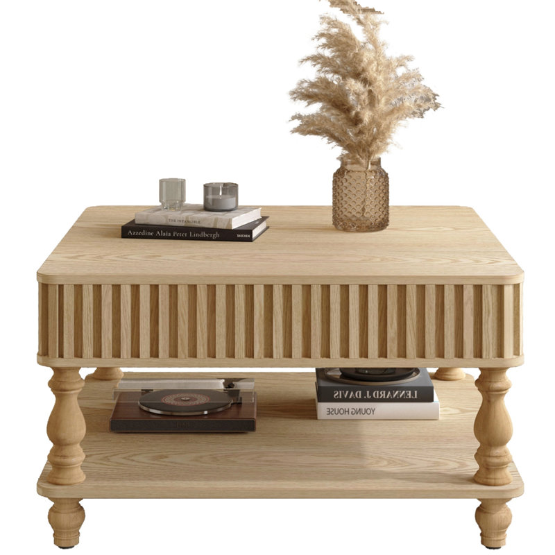 Table basse carrée à plateau relevable cannelé avec rangement caché et ouvert, Bois naturel