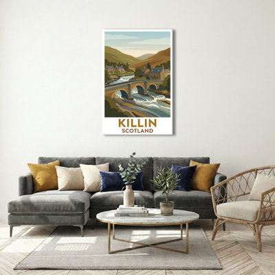 Killin, Scotland - Highland Romance Travel Poster: Stone Bridge over the Falls of Dochart. Giclee Print on Wrapped Canvas. Wall Art, Home Decor - Cities & Towns, Scotland 1 Piece Wrapped Canvas Wall Art
