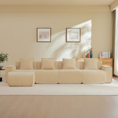 Canapé modulaire en L à 4 places avec passepoil à bordure française, sans assemblage requis, canapé à 4 places avec coussins décoratifs et 1 repose-pieds mobile, tissu velours clair