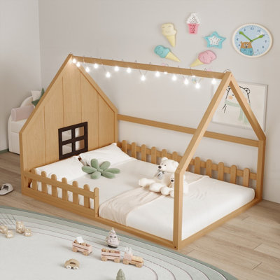 Lit double en bois pleine grandeur avec fenêtre et clôture - aucun sommier nécessaire, fabrication robuste