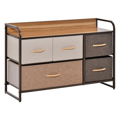 5-Drawer Fabric Chest of Drawers Storage Tower, Steel Frame Dresser with Maple Wooden Top for Bedroom & Entryway