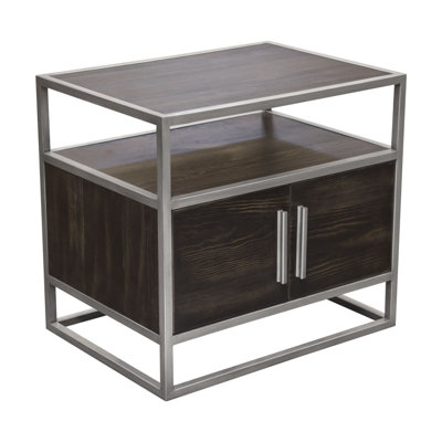 Empire 2-Door End Table In Dark Brown Veneer W/ Hand Brushed Silver Metal Frame