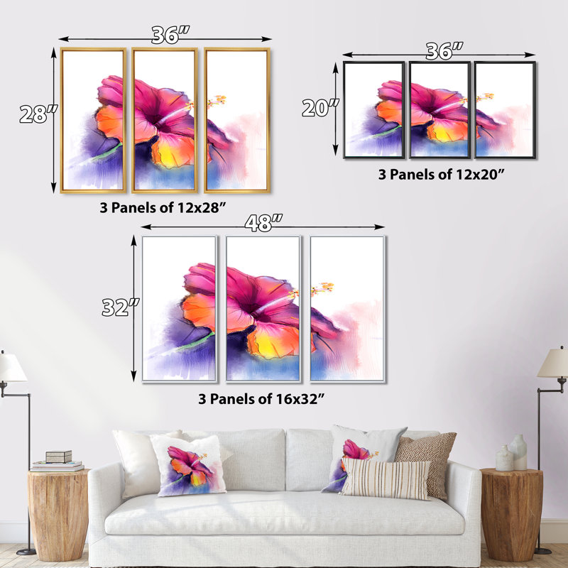 Fleur d'hibiscus rouge et jaune en bleu - ensemble de 3 toiles encadrées florales, H 20 po x l 36 po x P 1 po