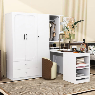 Armoire multifonctionnelle avec bureau pliable convertible, tiroirs de rangement, tablettes et tringle