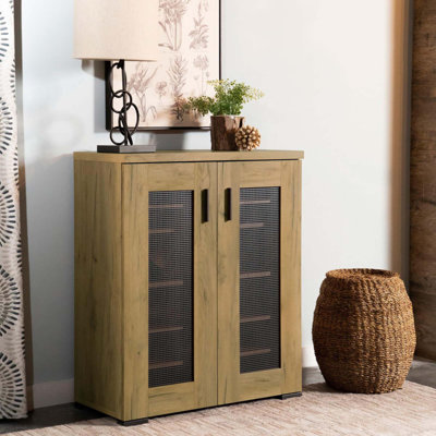 Golden Oak And Black Mesh Door Accent Cabinet