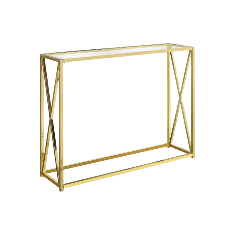 Table de bout de salon contemporain avec plateau en verre transparent épais et pieds en métal, console moderne, base dorée élégante