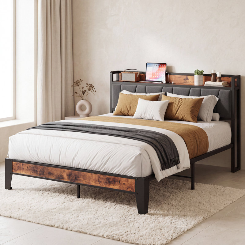 Upholstered Bed Frame with Storage Headboard and Charging Station, Solid and Stable, Noise Free, No Box Spring Needed, Easy Assembly