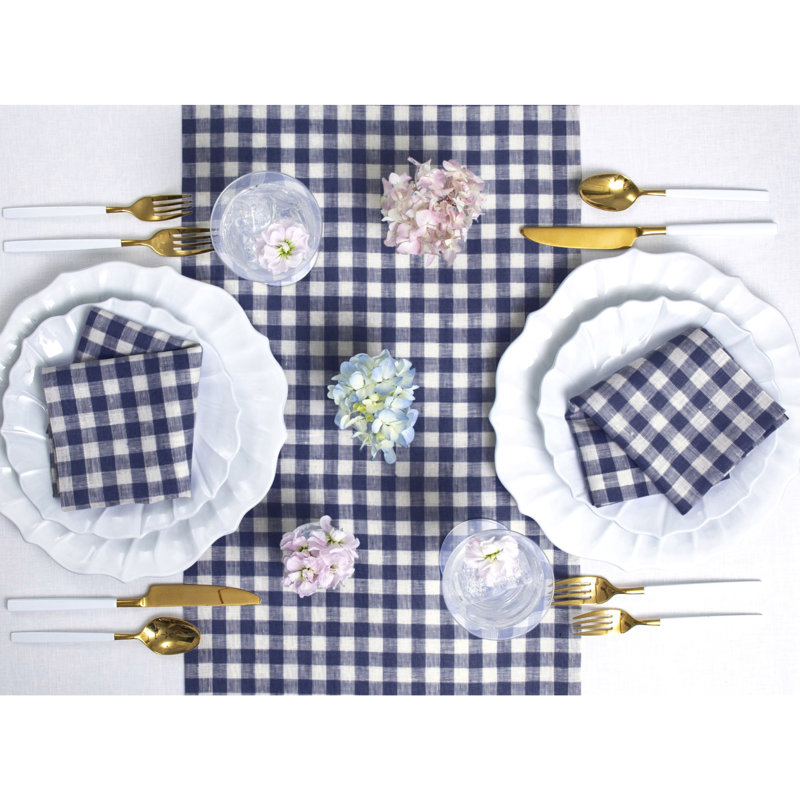 Gingham Checks - 100% Pure Linen Table Runner, 90" x 14", Navy