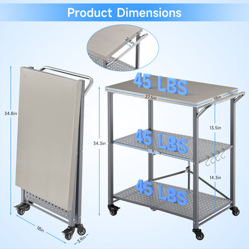 Table de barbecue extérieure pliante avec 2 roulettes verrouillables, Argent