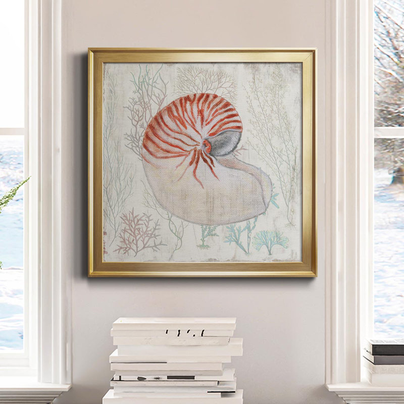 Corail et coquille I - peinture sur toile encadrée, Or, H 17,5 po x l 17,5 po x P 1,5 po