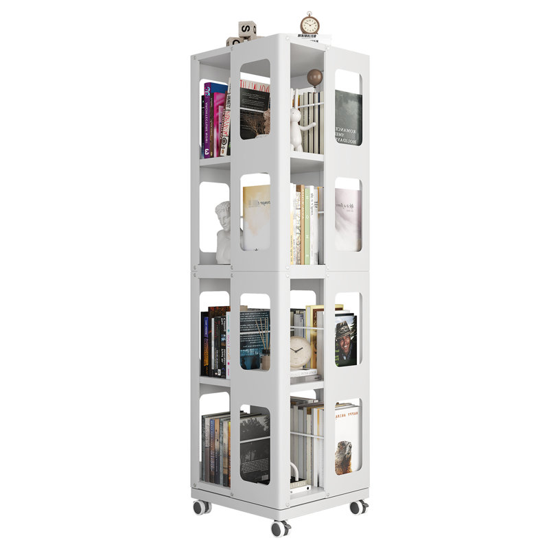 4 All Rotating Bookshelf, 360 Wheels, Large Size, White Finish, Easy To Put Together, Optimal Book Storage Color, Modern Design, High Durability, Simple Assembly