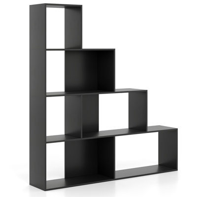 4-Tier Modern Stepped Bookshelf with 6 Open Storage Cubes, Engineered Wood Display Shelf for Living Room, Bedroom & Office, Black