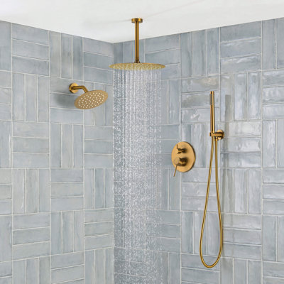 Ensemble de robinet de douche circulaire à pression équilibrée à 3 fonctions avec fixation murale, fixation au plafond et pommes de douche à main