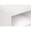 Table d'appoint en stratifié blanc, 61 cm de hauteur, style moderne, avec tiroir de rangement et ouverture pour une utilisation en bout de table dans une chambre ou un salon.
