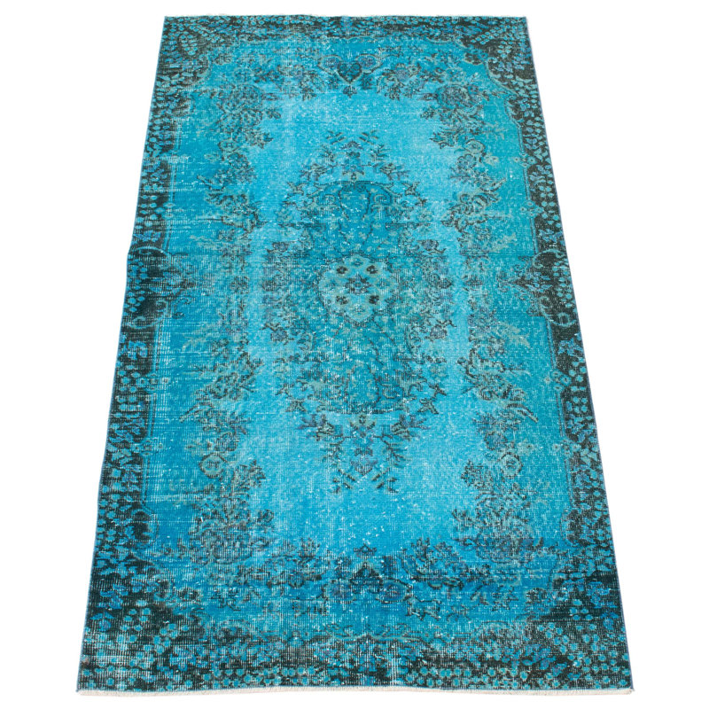 Tapis bleu ciel en laine noué à la main de conception unique 3 pi 9 po x 7 pi 2 po Keiser