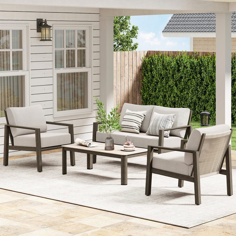 Avanna 4-Piece Brown Aluminum Patio Conversation Set With Light Grey Cushions And Coffee Table