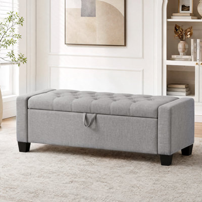 Storage ottoman bench with safety hinge, upholstered linen end of bed bench, tufted storage chest bench for bedroom and entryway, holds up to 330 lbs