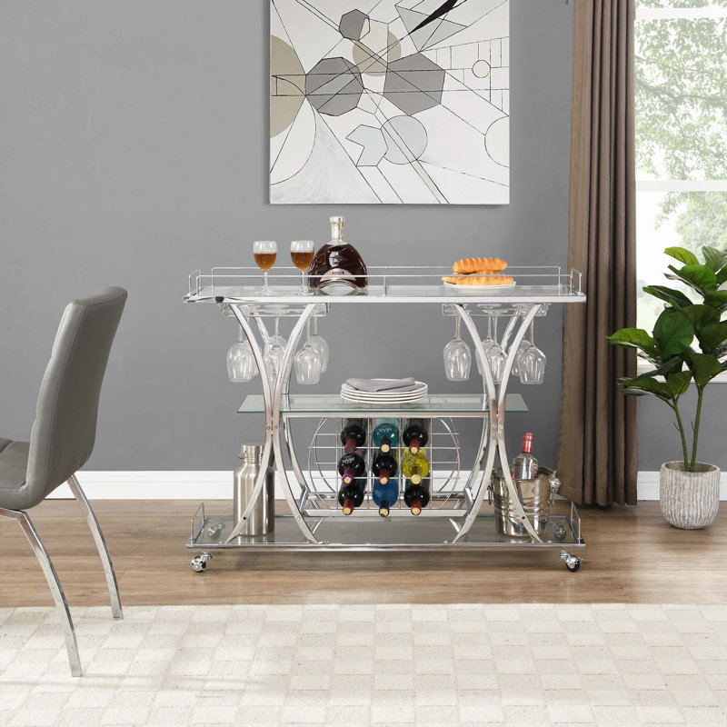 Chariot-bar contemporain en chrome avec support à vin