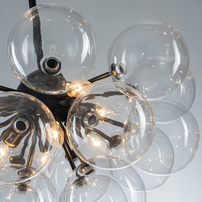 Modern 12-light Linear Chandelier With Clear Glass Globes, Matte Black