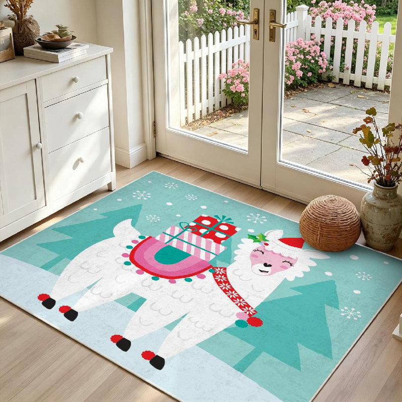 Tapis d'intérieur transparent, lavable à la machine, motif lama et alpaga de Noël., Rectangle 55 po x 79 po