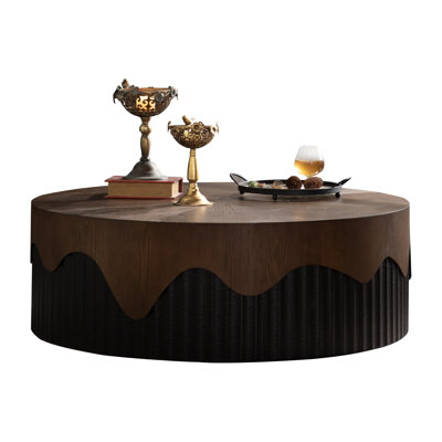 38.97" Round Coffee Table Handcrafted Relief Sturdy Pedestal Wooden Tea Table For Living Room No Need To Assemble