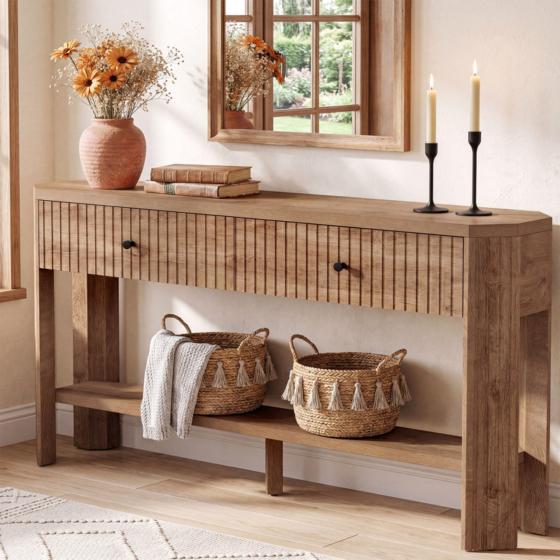 59-Inch Console Table with 2 Drawers, Narrow Entryway Table with Shelf, Fluted Sofa Tables Behind Couch for Living Room, Hallway