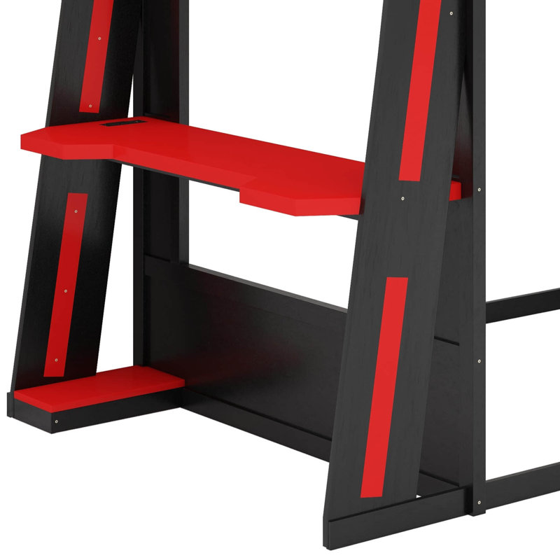 Full Size Wooden Gaming Bunk Bed With Desk,Shelves,USB And LED Light, Full Over Full, Black/Red
