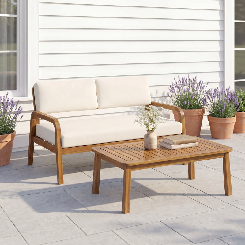 Ensemble de canapé d'extérieur 2 pièces avec coussins, causeuse et table basse en teck et crème