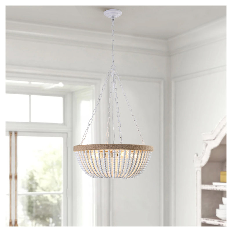 Lustre 22 po en bois perlé de style campagnard - Blanc rustique et luminaire suspendu en chêne pour décor de salle à manger, d'îlot de cuisine ou de chambre à coucher
