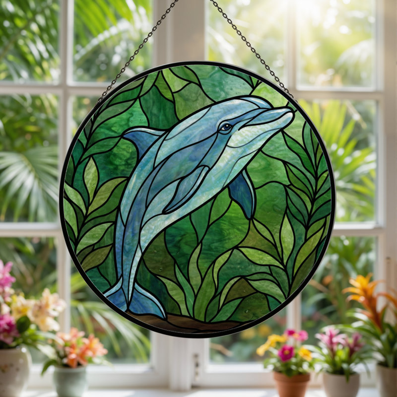 Panneau de vitrail 12 "H Dolphin Seascape, H 12 po x l 12 po