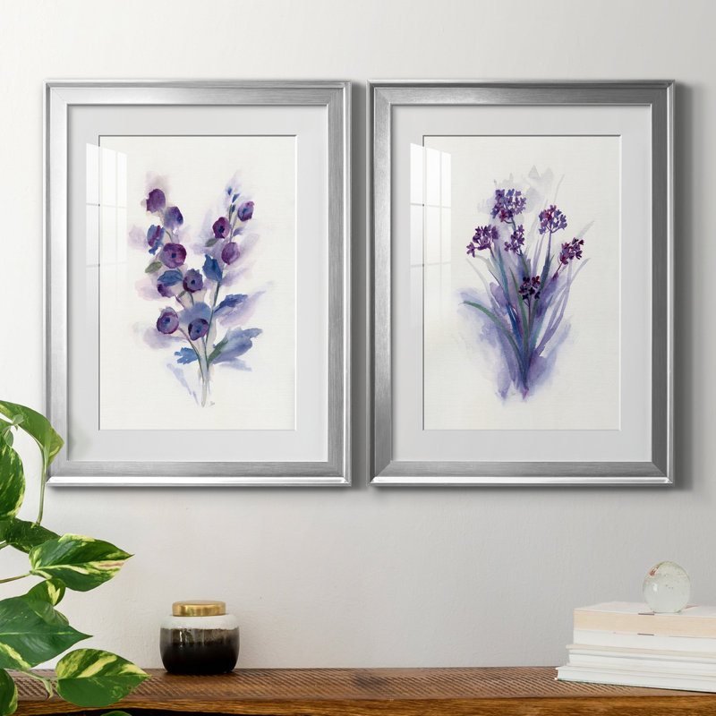«Pretty in Purple I», ensemble de 2 reproductions d'art, H 22,5 po x l 61 po x P 1,5 po, Papier avec cadre argenté, Blanc