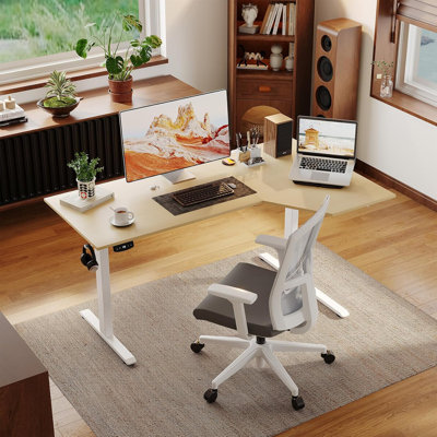 Electric Standing Desk, Height Adjustable Desk, 59 x 35 Inch Sit Stand up for Work Office Home, L Shaped Ergonomic Rising Computer Table with Memory Preset, Beige