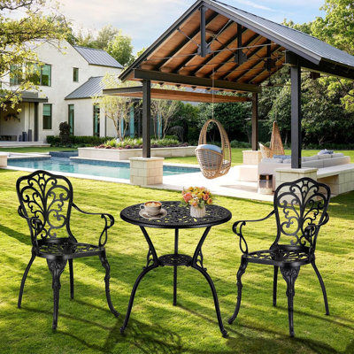 3-Piece Outdoor Cast Aluminum Terrace Tavern -2-Piece Terrace Table and Chair Set with Umbrella Hole, Ideal for Courtyard, Garden, Balcony, Pool, Bron by Astoria Grand