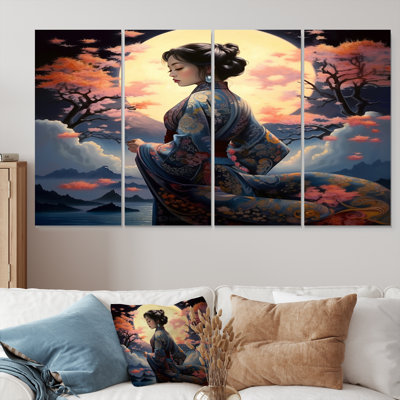 «Asian Grace Flower Kimono Full Moon - Asian Woman», art mural 4 pièces