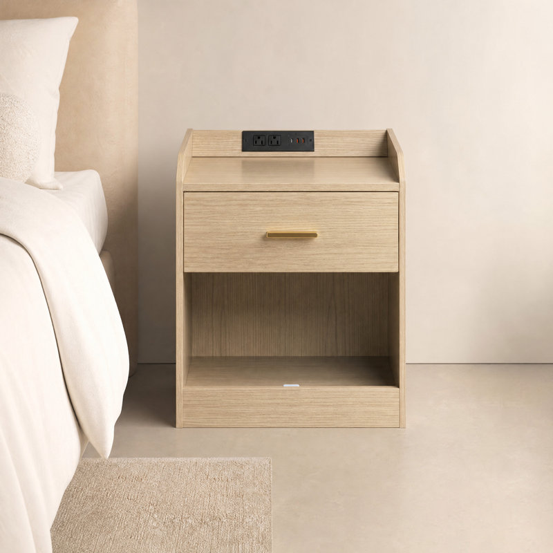 Table de chevet avec tiroir caché avec compartiment caché, station de charge et prises USB, Beige