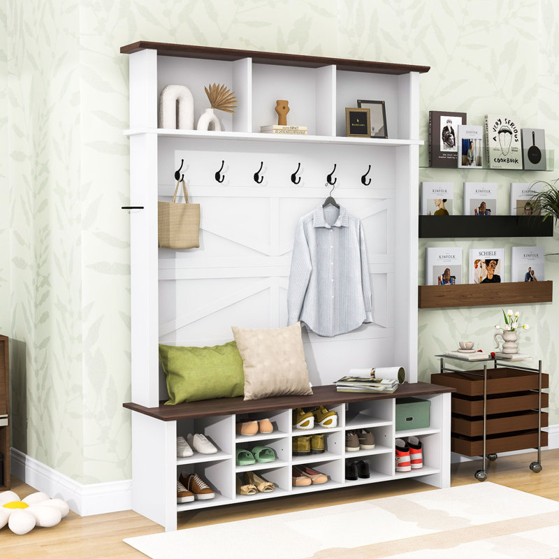 Rustic Farmhouse Hall Tree with Bench, Hooks & Storage, White