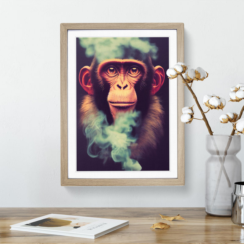 Monkey in the Smoke - Framed Print, 34cm H x 25cm W, Beige