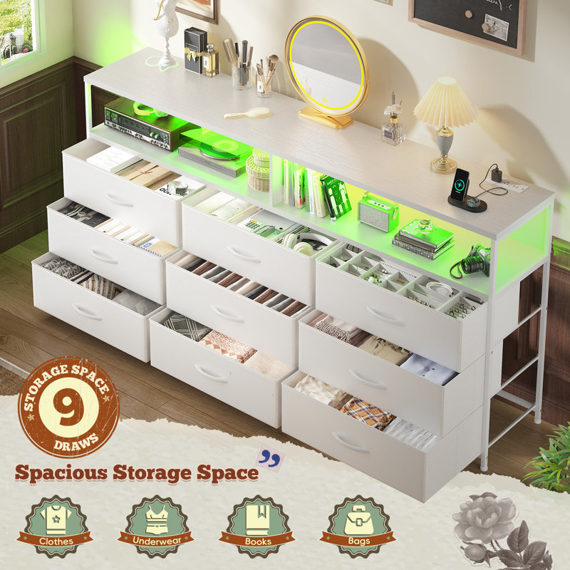 55" Modern Tv Stand With Storage Dresser,Built-In Usb Charging, Led Lighting, White