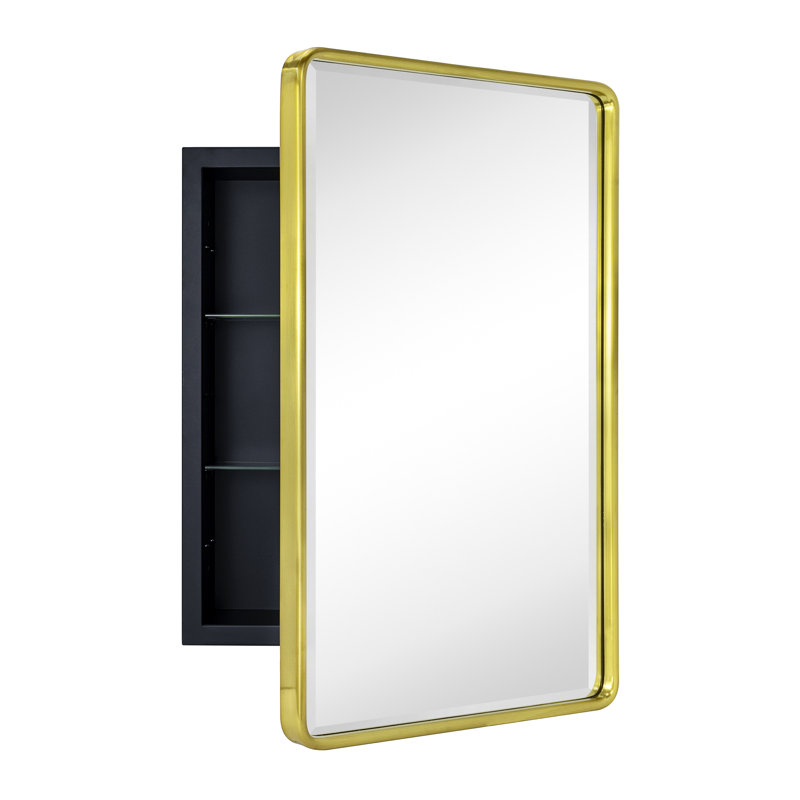 Farmhouse Recessed Metal Bathroom Medicine Cabinets with Mirror with Adjustable Tempered Glass Shelves, Brushed Gold
