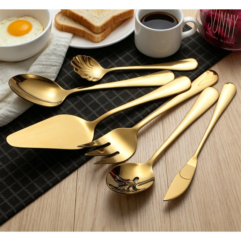 Ensemble de service 6 pièces en acier inoxydable plaqué or avec pelle à gâteau, doré brillant