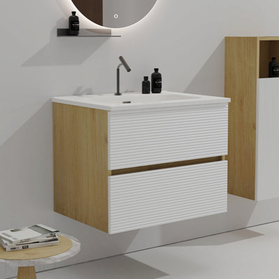Meuble-lavabo mural blanc neige et chêne naturel Gloria