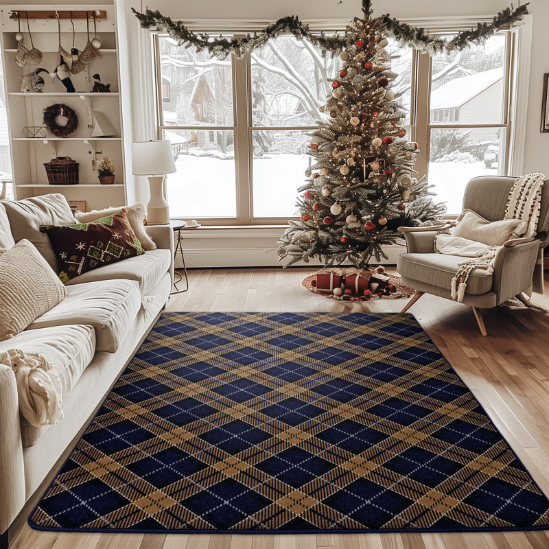 Plaid de Noël rouge victorien, Bleu marine / bleu / or, Rectangle 2 pi 8 po x 3 pi 10 po