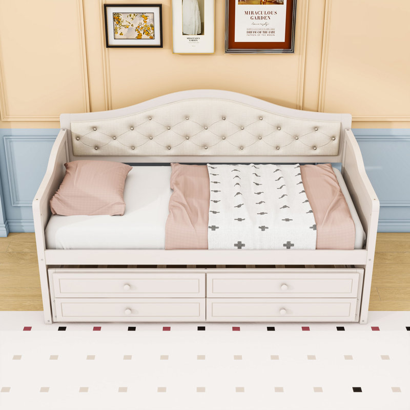 2 Drawers Twin Daybed with Twin Trundle and Upholstered Button-Tufted Backrest, Beige