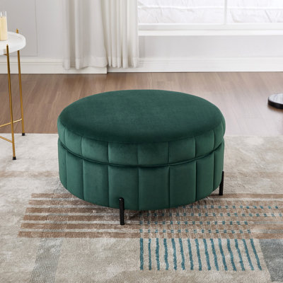 31.5"W Upholstered Round Ottoman With Reversible Lid, Velvet Storage Stool, Channel Tufted Pumpkin-Shape Footstool For Living Room, Bedroom And Office