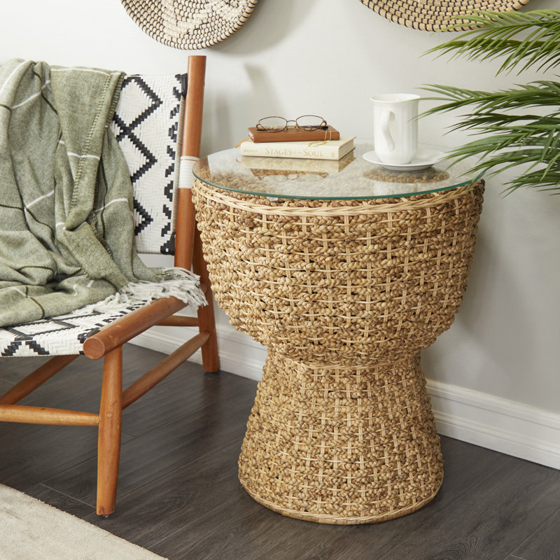 Table d'appoint avec plateau en verre tissé à la main Brown Seagrass
