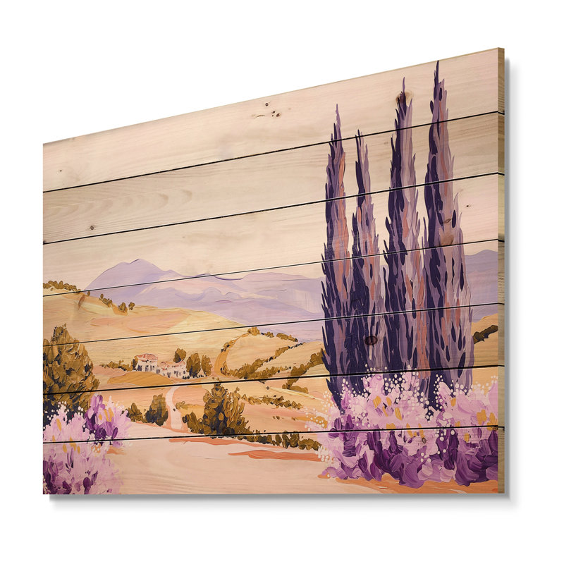 Champ de lavande en France III - Décoration murale traditionnelle sur bois de pin naturel, H 30 po x l 40 po