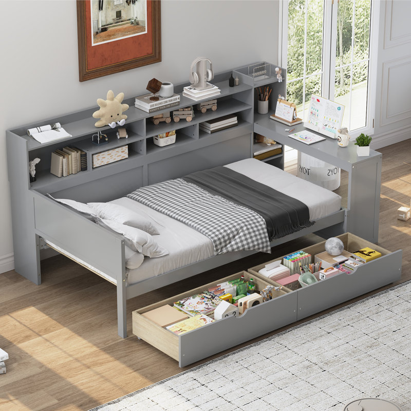 Lit de jour simple en bois avec tablettes de rangement, lit multifonctionnel avec deux tiroirs de rangement et bureau d'étude, gris