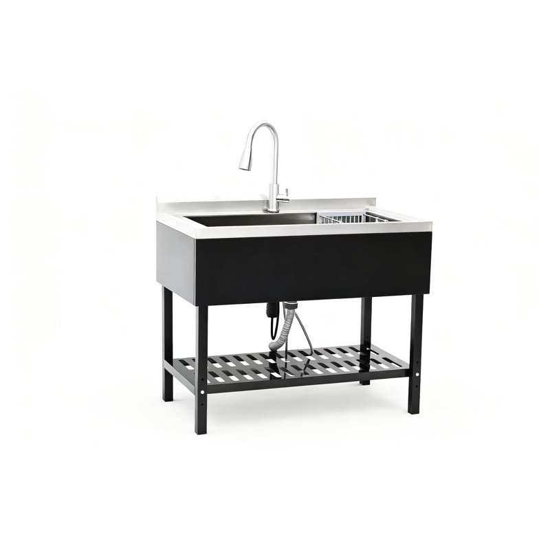 Évier utilitaire en acier inoxydable, autoportant, noir et argent, profondeur de 40 po, largeur de 24 po, hauteur de 34 po, 42 livres, grand compartiment pour les gros articles, robinet escamotable, grille de rangement inférieure