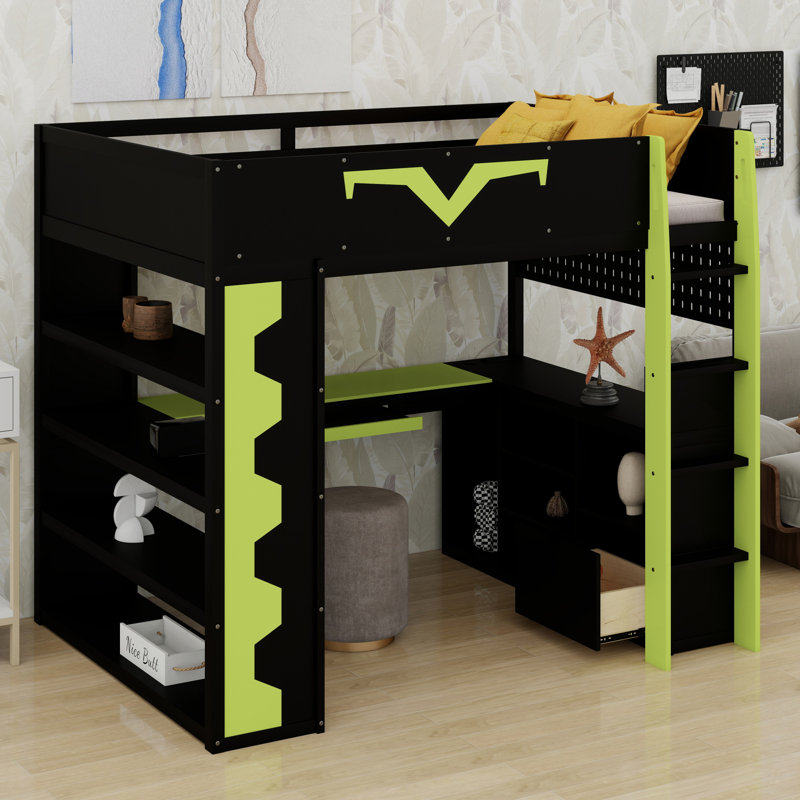 Lit mezzanine pour jouer avec bureau intégré, bibliothèque et panneau perforé, Vert