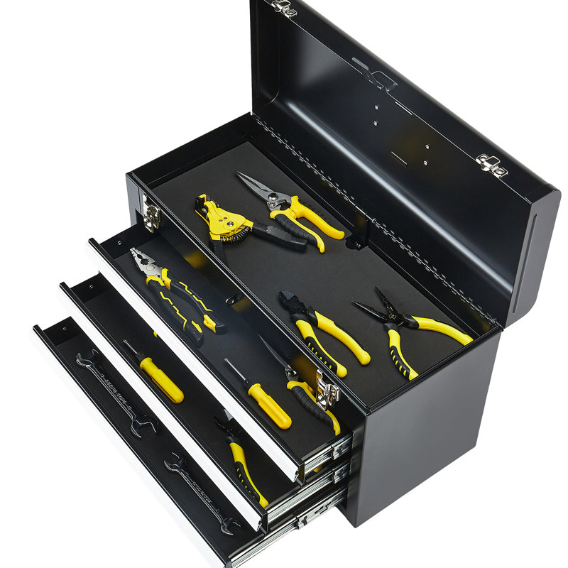 Boîte à outils portative noire de 20,5 pouces avec 3 tiroirs, en métal, à verrouillage automatique, rails de roulement, rembourrage pour la protection et la configuration de rangement Boîte en métal, organisateur, couvercle anti-éclaboussures, coffre-fort silencieux